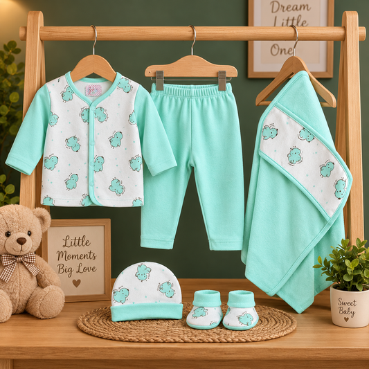 Newborn Baby 5-Piece Chick Print Starter Set – Snap-Front Top, Elastic-Waist Pants, Cap, Booties & Wrap Blanket in Cream, Mint & Blue