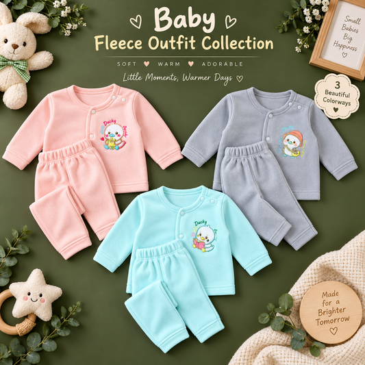 Baby Ducky Fleece Outfit Set, Pack of 3 – Soft Snap-Front Top & Elastic-Waist Pants in Pink, Grey & Mint