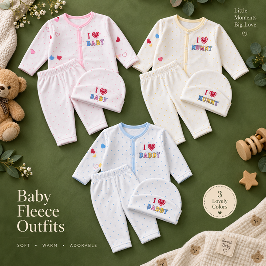 Baby Fleece Outfit Set, Pack of 3 – I Love Baby, Mummy & Daddy Snap-Front Top, Pants & Cap
