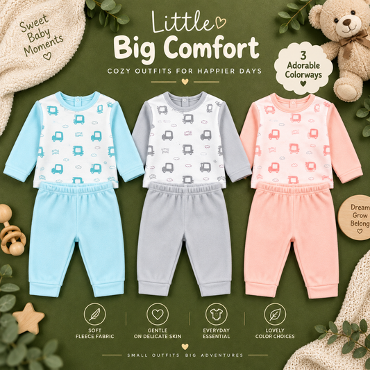 Soft Fleece Baby Outfit Set, Pack of 3 – Little Car Print Snap-Button Top & Elastic-Waist Pants in Blue, Grey & Pink