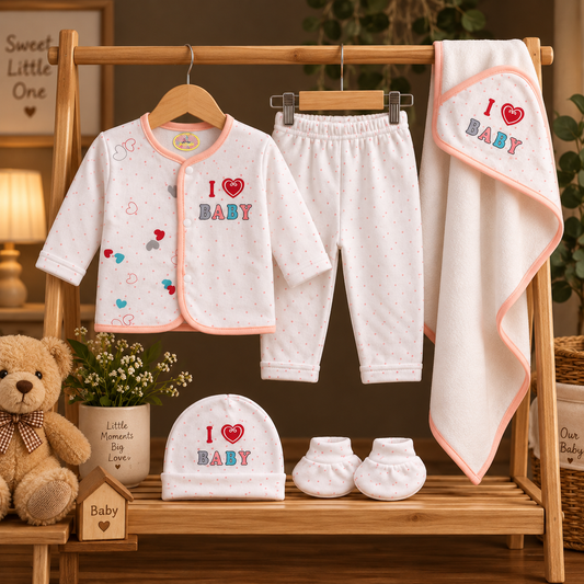 Newborn Baby 5-Piece Starter Set – I Love Mummy, Dady & Baby with Cap, Booties & Hooded Towel
