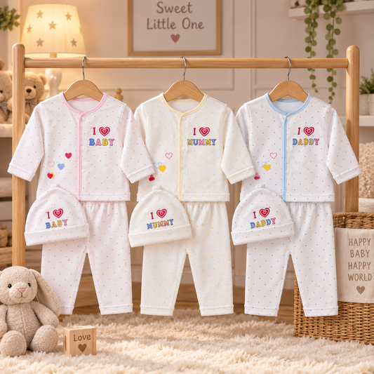 Baby Fleece Outfit Set, Pack of 3 – I Love Baby, Mummy & Daddy Snap-Front Top, Pants & Cap