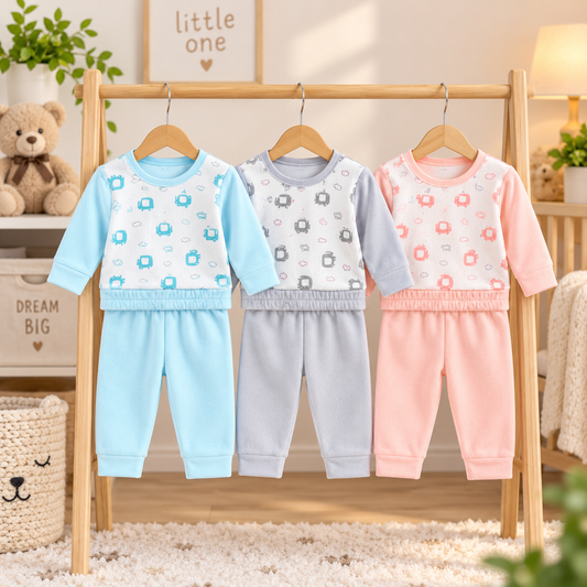 Soft Fleece Baby Outfit Set, Pack of 3 – Little Car Print Snap-Button Top & Elastic-Waist Pants in Blue, Grey & Pink