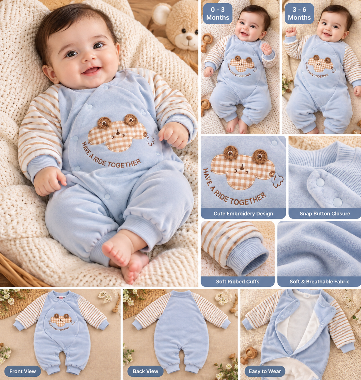 Baby Light Blue Romper with Gingham Character Appliqué