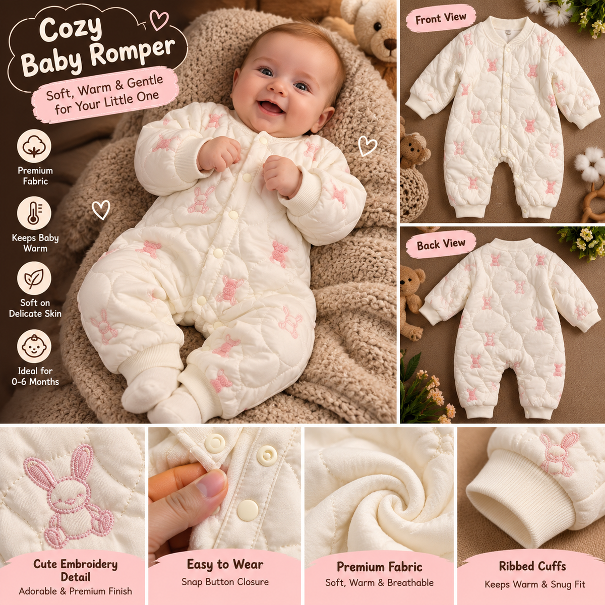 Baby Off-White Quilted Bunny & Bear Embroidered Romper