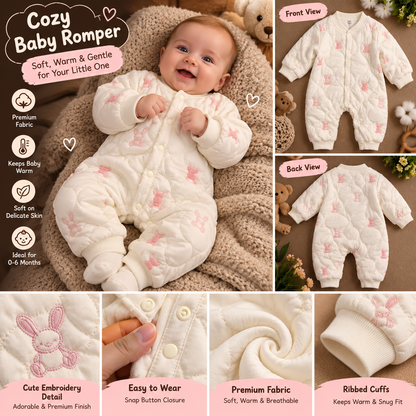 Baby Off-White Quilted Bunny & Bear Embroidered Romper