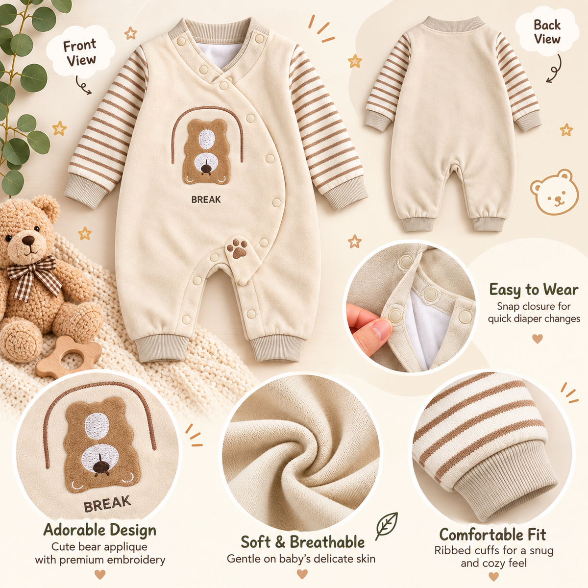 Baby Cream Bear Romper with Brown Striped Sleeves