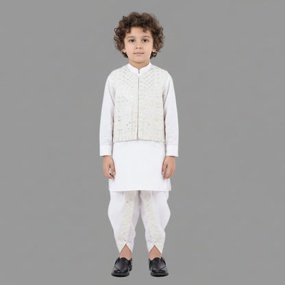 White Dhoti Kurta With Waistcoat