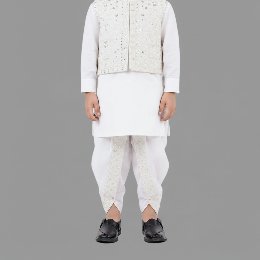 Boys White Dhoti Kurta with Waistcoat - Premium Traditional Outfit 1-4Y