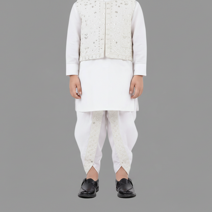 Boys White Dhoti Kurta with Waistcoat - Premium Traditional Outfit 1-4Y