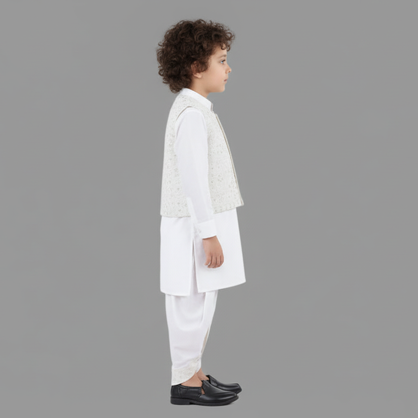 Boys White Dhoti Kurta with Waistcoat - Premium Traditional Outfit 1-4Y