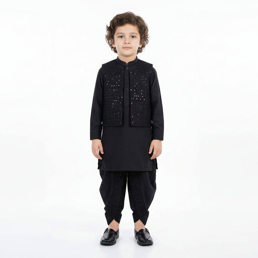 Black Dhoti Kurta With Waistcoat