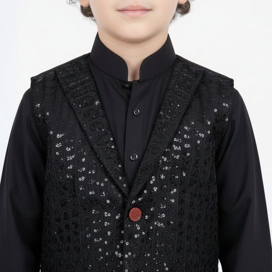 Black Kurta Shalwar with Waistcoat 3 Piece Suit