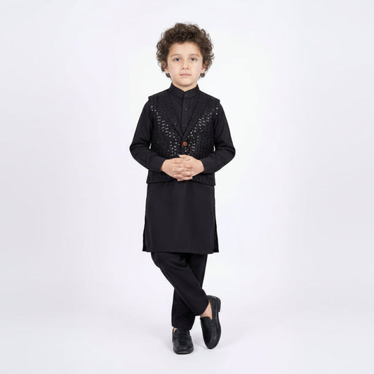 Boys Black 3-Piece Waistcoat Kurta Shalwar - Premium Traditional Outfit 1-4Y