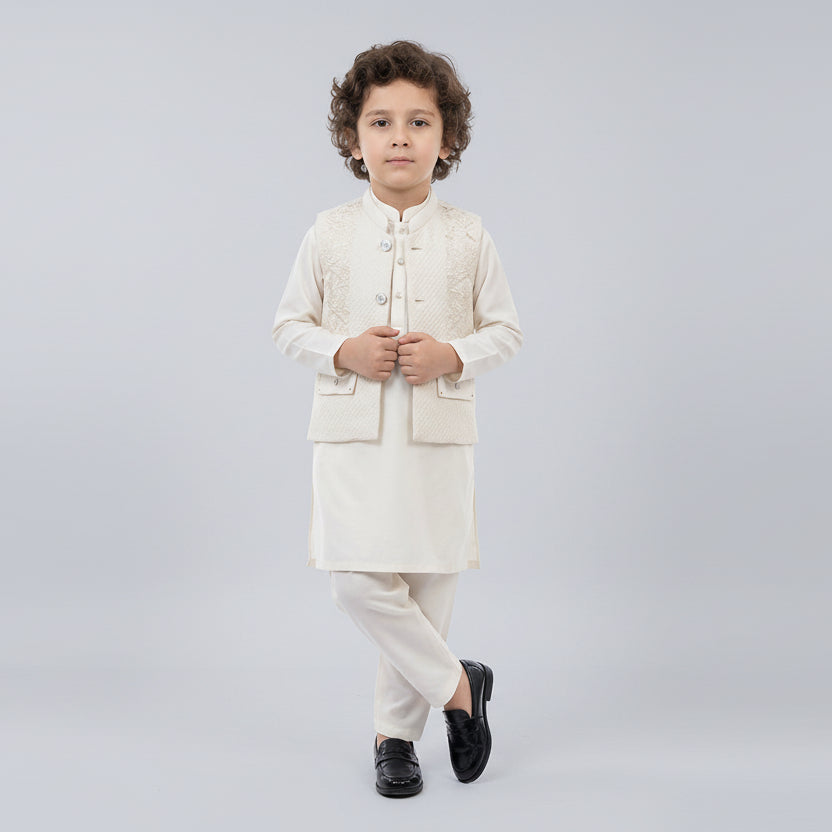 Boys Off White 3-Piece Waistcoat Kurta Shalwar - Premium Traditional Outfit 1-4Y