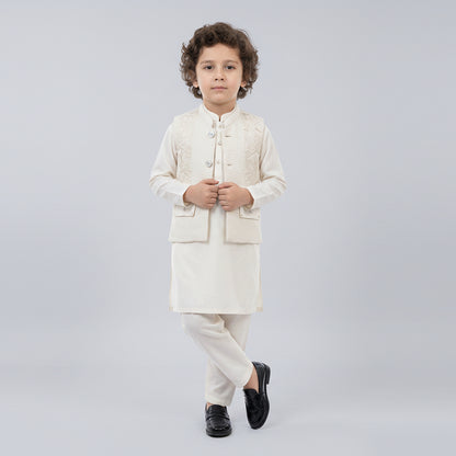 Boys Off White 3-Piece Waistcoat Kurta Shalwar - Premium Traditional Outfit 1-4Y