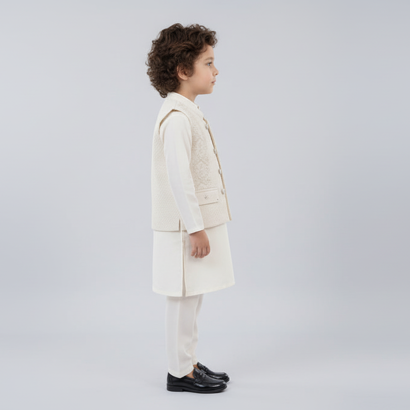 Boys Off White 3-Piece Waistcoat Kurta Shalwar - Premium Traditional Outfit 1-4Y