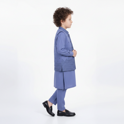 Boys Blue Kurta Shalwar with Waistcoat - Traditional Outfit 1-7Y