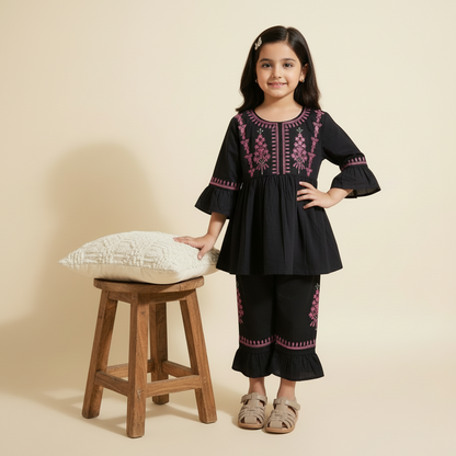 Baby Girl Black Embroidered Frock - Elegant Party Dress 12M-3Y