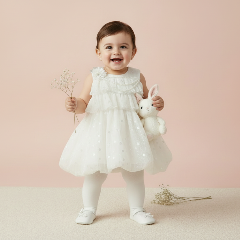 Baby Girl White Wavy Frock - Elegant Fancy Dress 6-12M