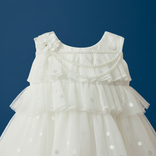 Baby Girl White Wavy Frock - Elegant Fancy Dress 6-12M