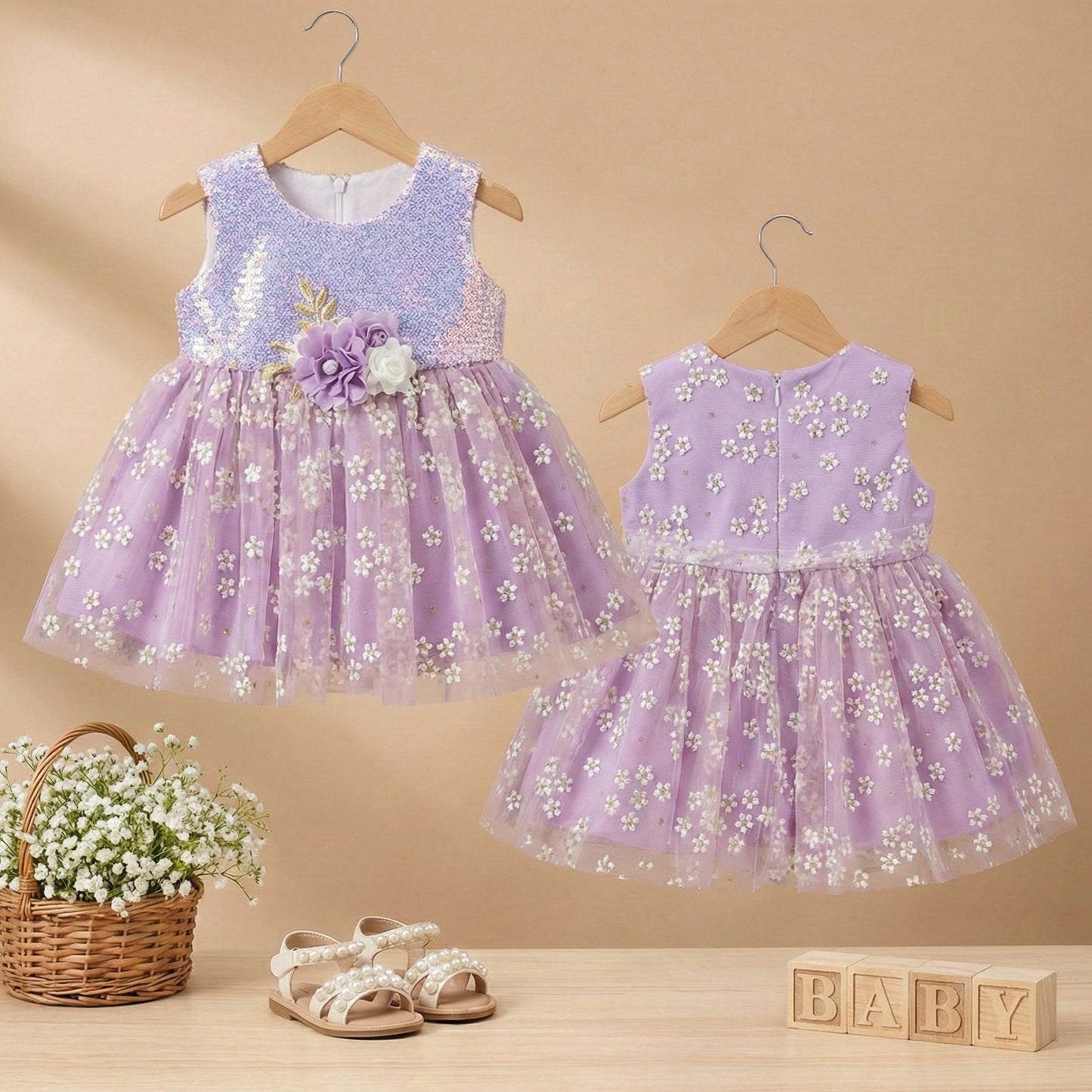 Purple floral dress on a hanger with a basket of flowers and baby sandals on a beige background.