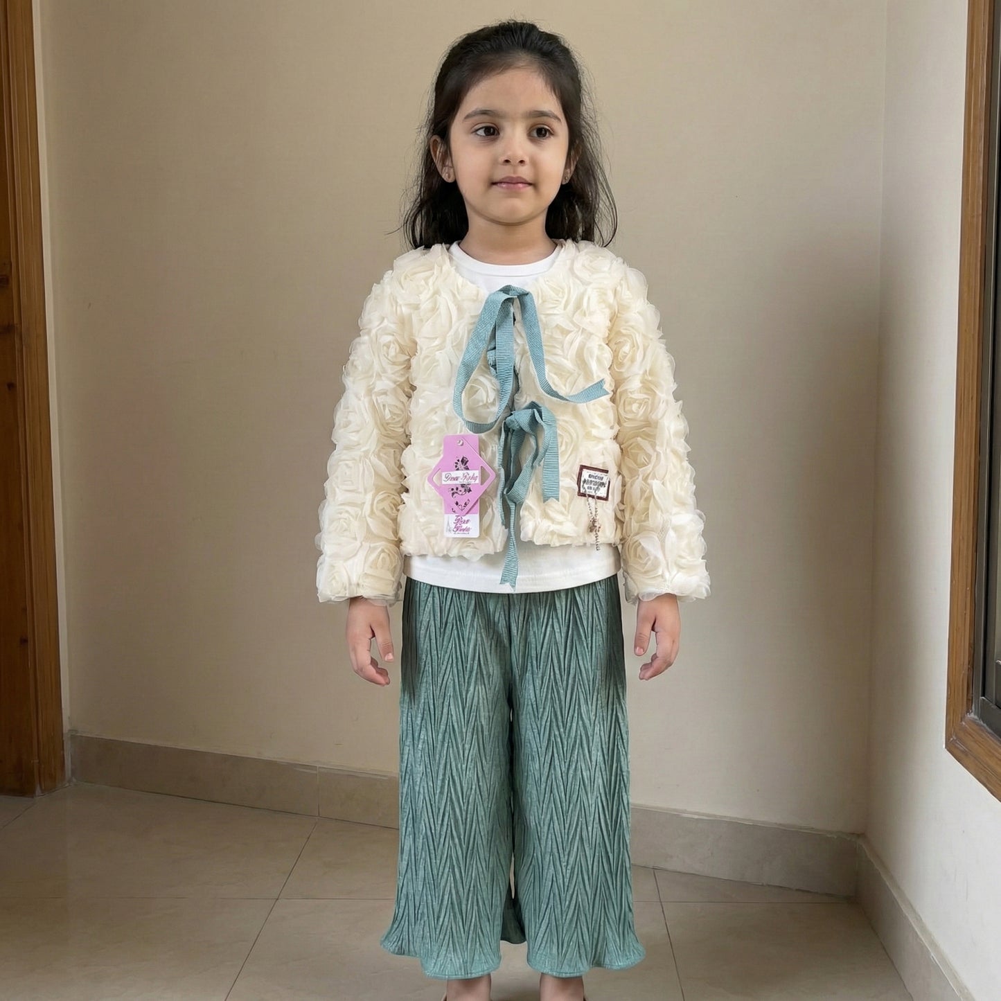 Baby Girl Jacket & Flapper Set - White & Green Outfit 2-5Y