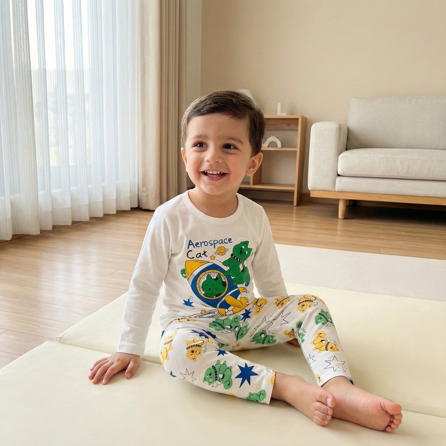 Boys 2-Piece Outfit - Shirt & Trouser Aerospace Cat Design 18M-4Y