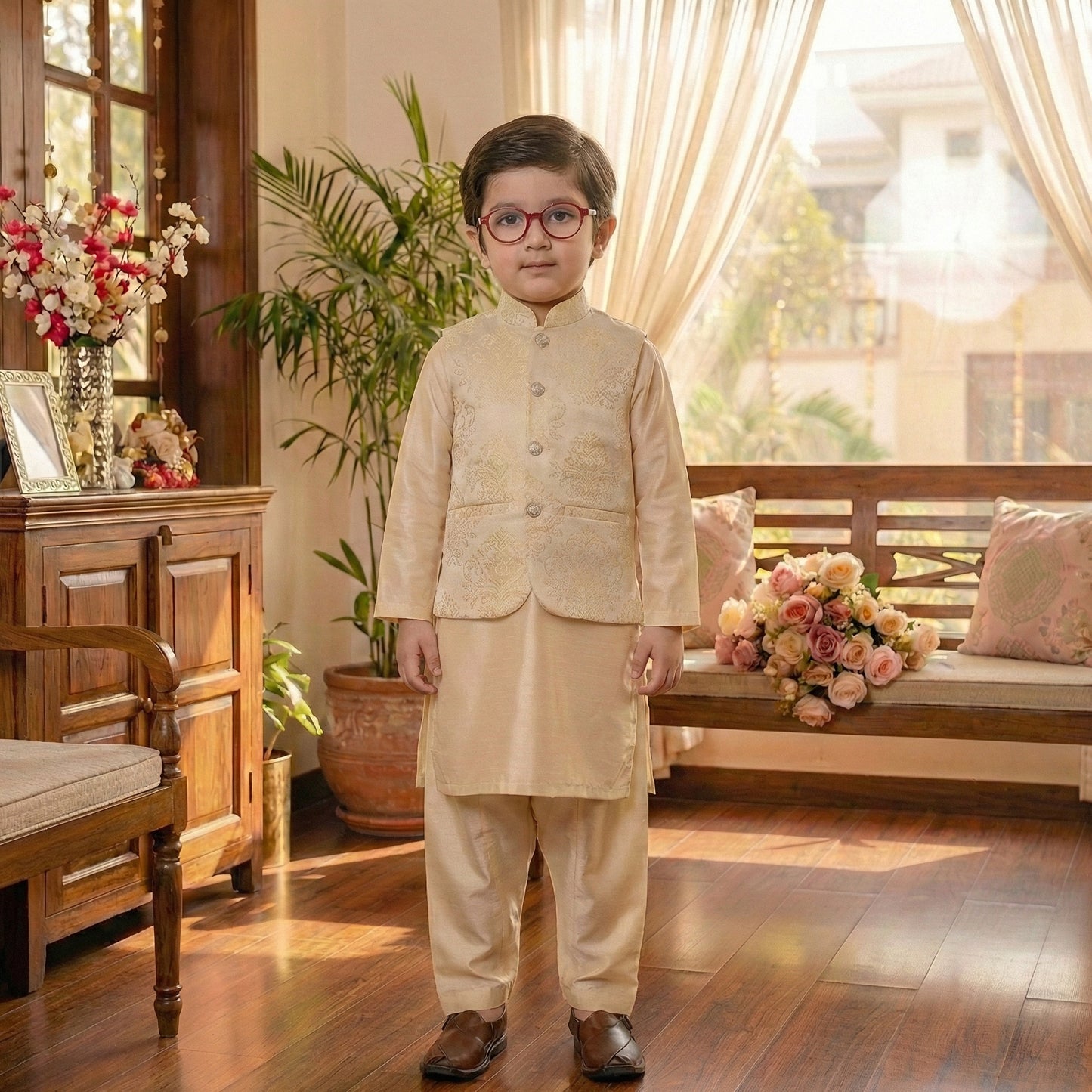 Boy Premium Golden Waistcoat - Elegant Formal Wear 1-4Y