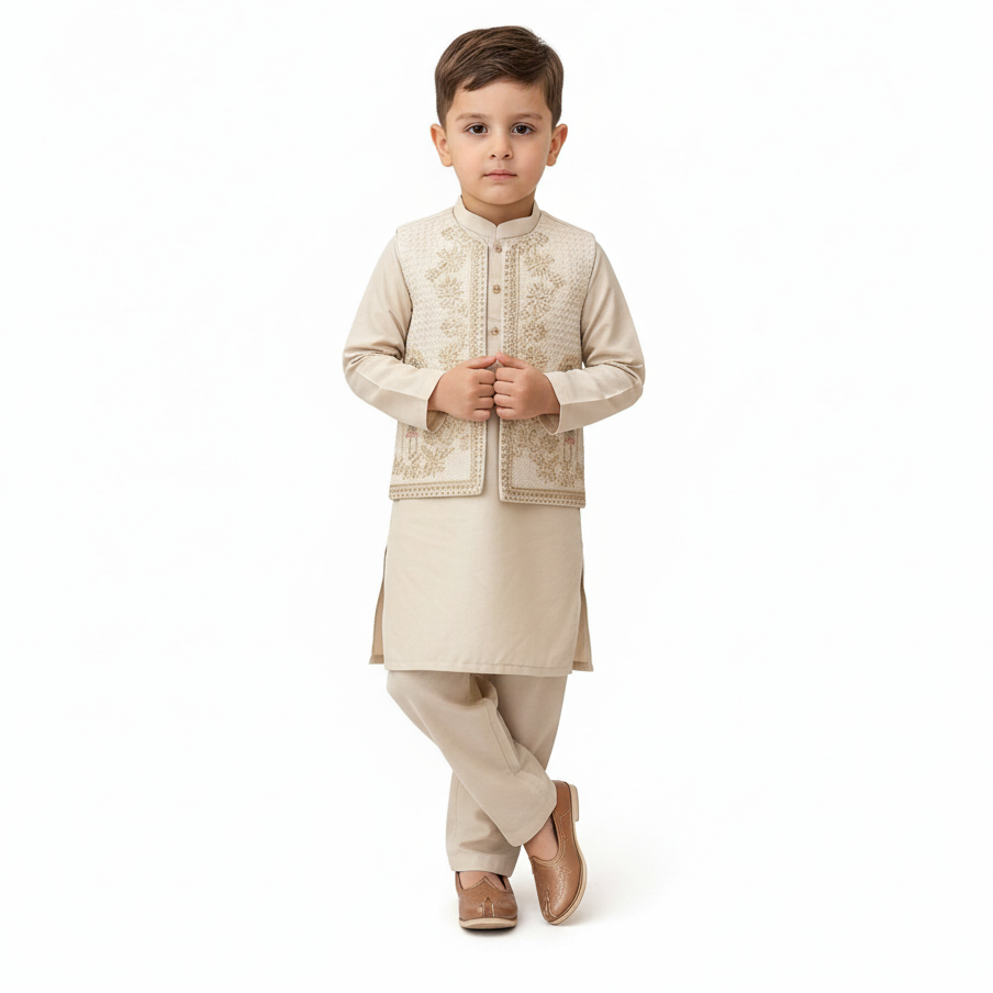 Boys 3-Piece Waistcoat Kurta Shalwar - Premium Traditional Outfit 3-4Y
