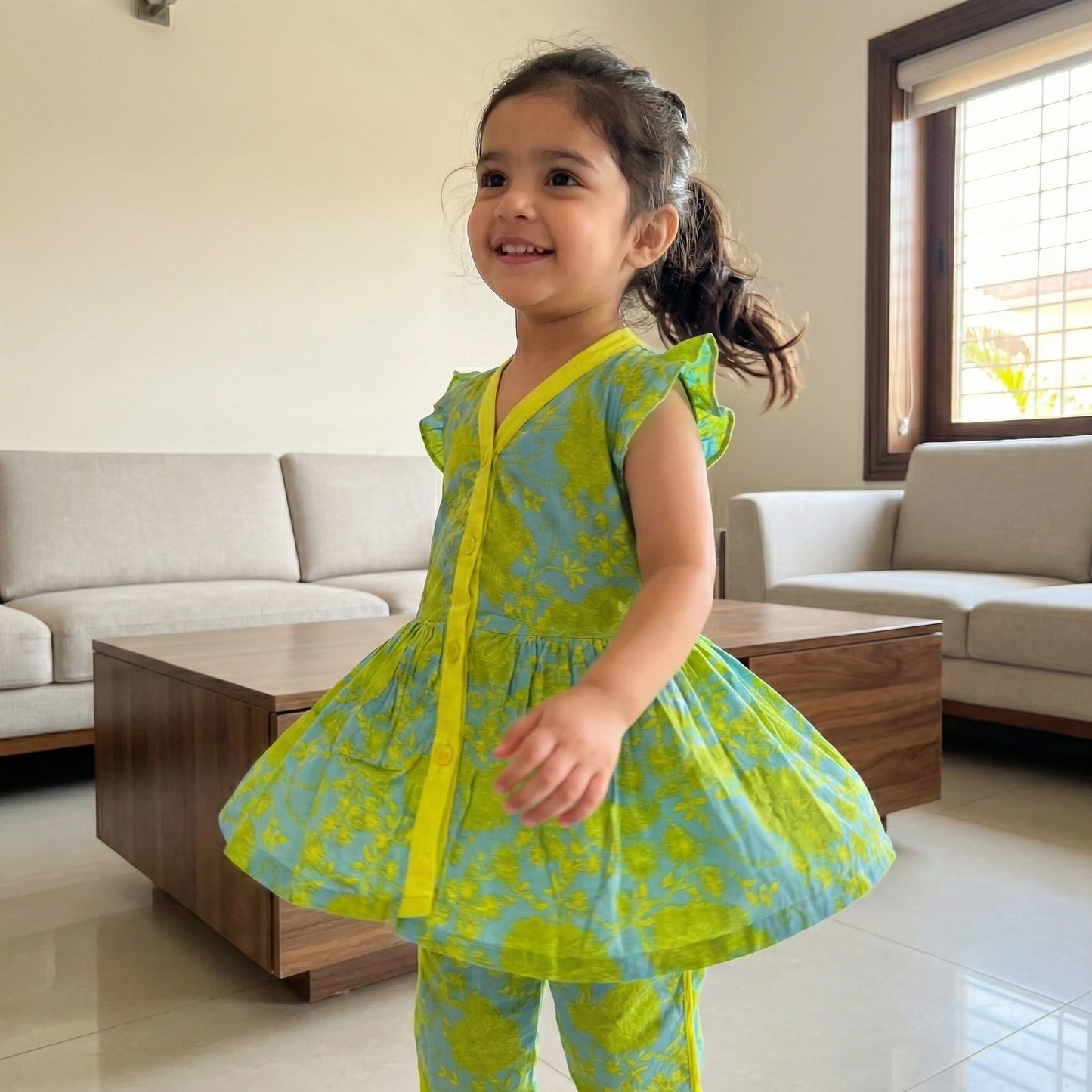 Baby Girl Green Floral Printed Frock - Beautiful Party Dress 12M-3Y