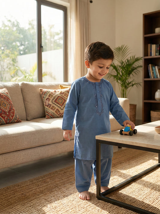 Baby Boy Blue Kurta Shalwar - Traditional Outfit 3-6M
