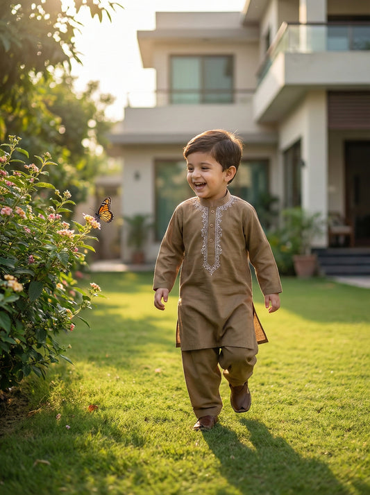 Baby Boy Brown Kurta Shalwar - Traditional Outfit 3-6M