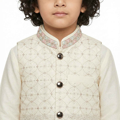 Boys Off-White Kurta Shalwar with Embroidered Waistcoat - Traditional Outfit 1-4Y