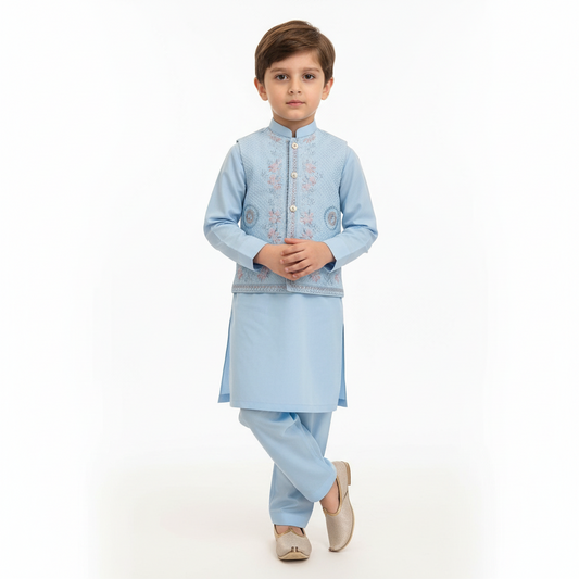 Boys 3-Piece Waistcoat Kurta Shalwar - Premium Traditional Outfit 3-4Y