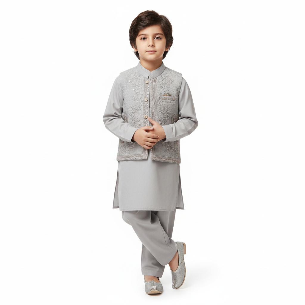 Boys 3-Piece Waistcoat Kurta Shalwar - Premium Traditional Outfit 1-2Y