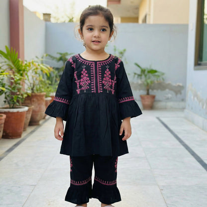 Baby Girl Black Embroidered Frock - Elegant Party Dress 12M-3Y