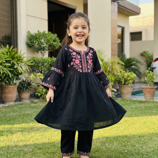 Baby Girl Black Embroidered Frock - Elegant Party Dress 12M-3Y
