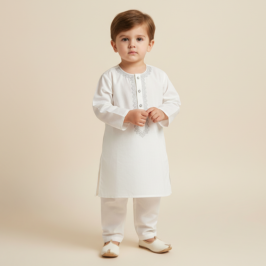Baby Boy White Kurta Shalwar - Traditional Outfit 3-9M