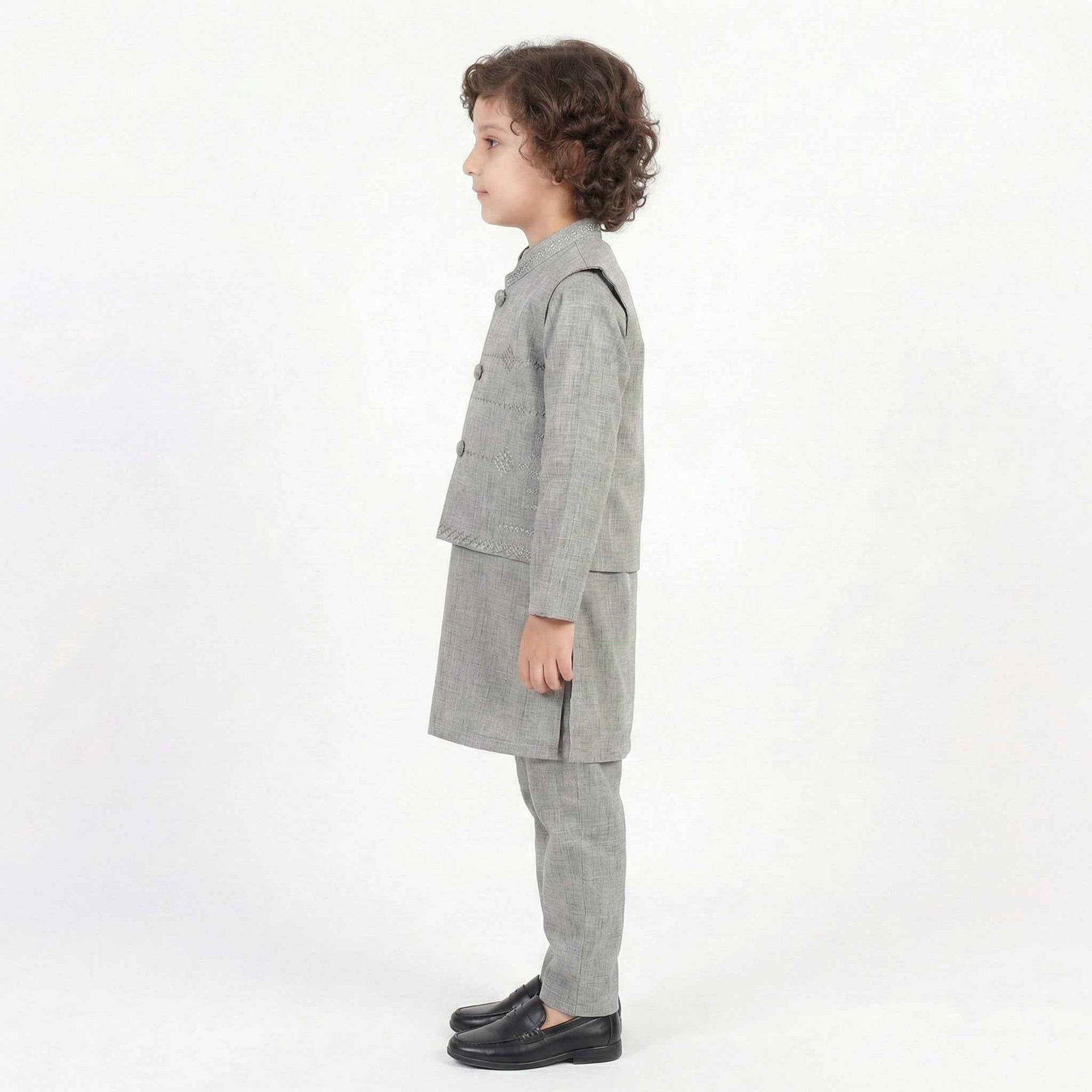 Boys Gray Kurta Shalwar with Waistcoat - Elegant Traditional Outfit 1-4Y