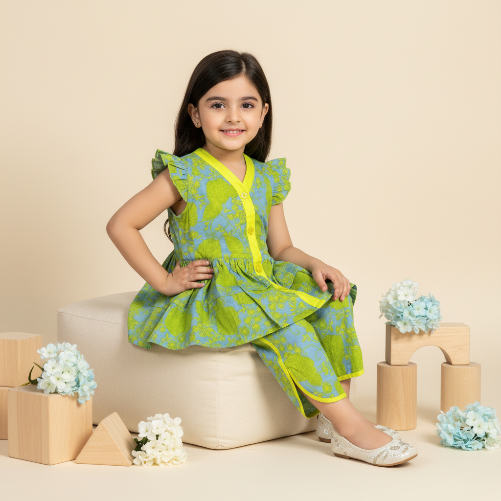 Baby Girl Green Floral Printed Kameez Shalwar - Beautiful Party Dress 12M-3Y