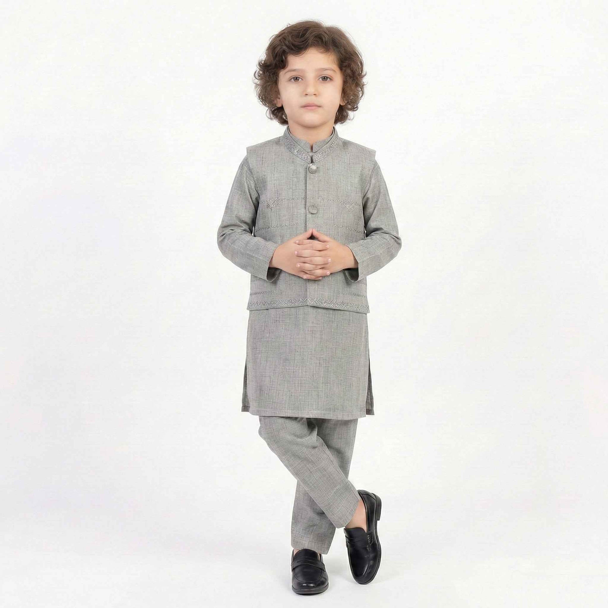 Boys Gray Kurta Shalwar with Waistcoat - Elegant Traditional Outfit 1-4Y