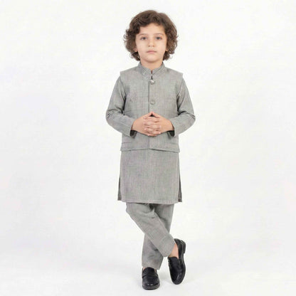 Boys Gray Kurta Shalwar with Waistcoat - Elegant Traditional Outfit 1-4Y