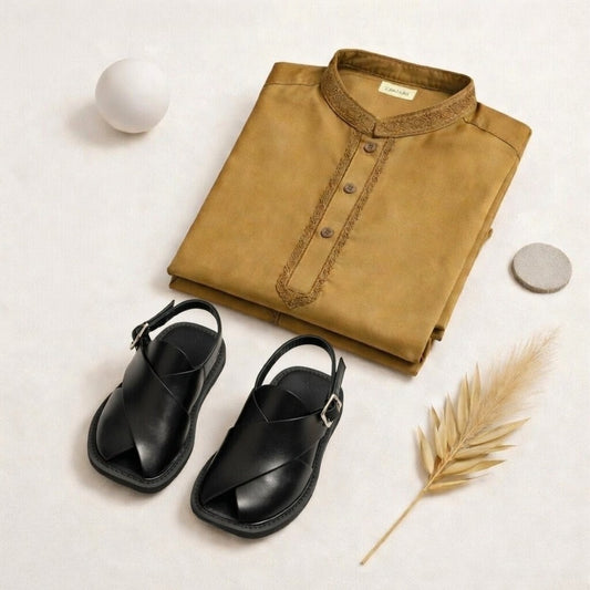 Eid Bundle - Mustard Kurta Shalwar with Peshawari Chappal