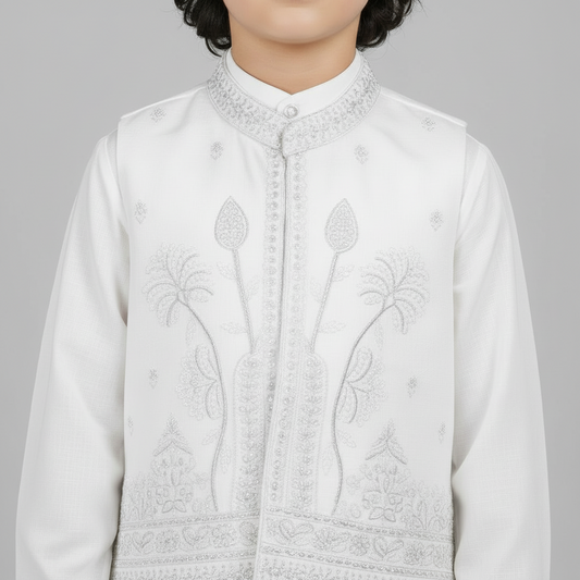 Boys White Kurta Shalwar with Embroidered Waistcoat - Premium 3-Piece Set