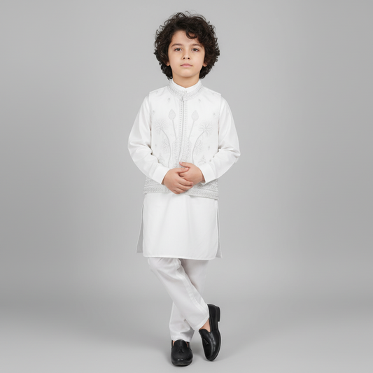 Boys White Kurta Shalwar with Embroidered Waistcoat - Premium 3-Piece Set
