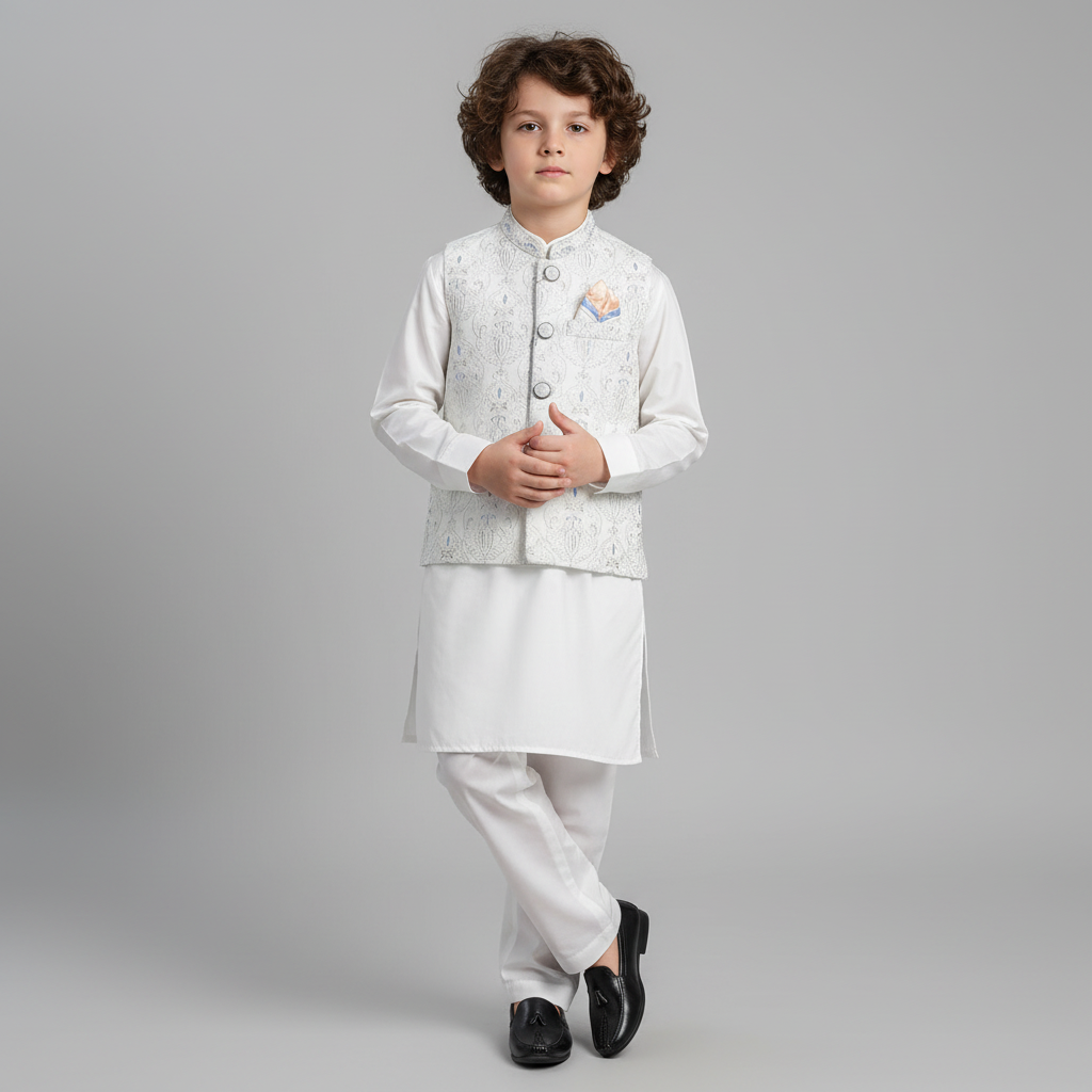 Boys White Kurta Shalwar with Fancy Waistcoat - Premium 3-Piece Set