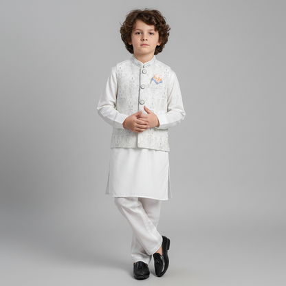 Boys White Kurta Shalwar with Fancy Waistcoat - Premium 3-Piece Set