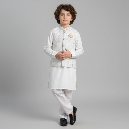 Boys White Kurta Shalwar with Fancy Waistcoat - Premium 3-Piece Set