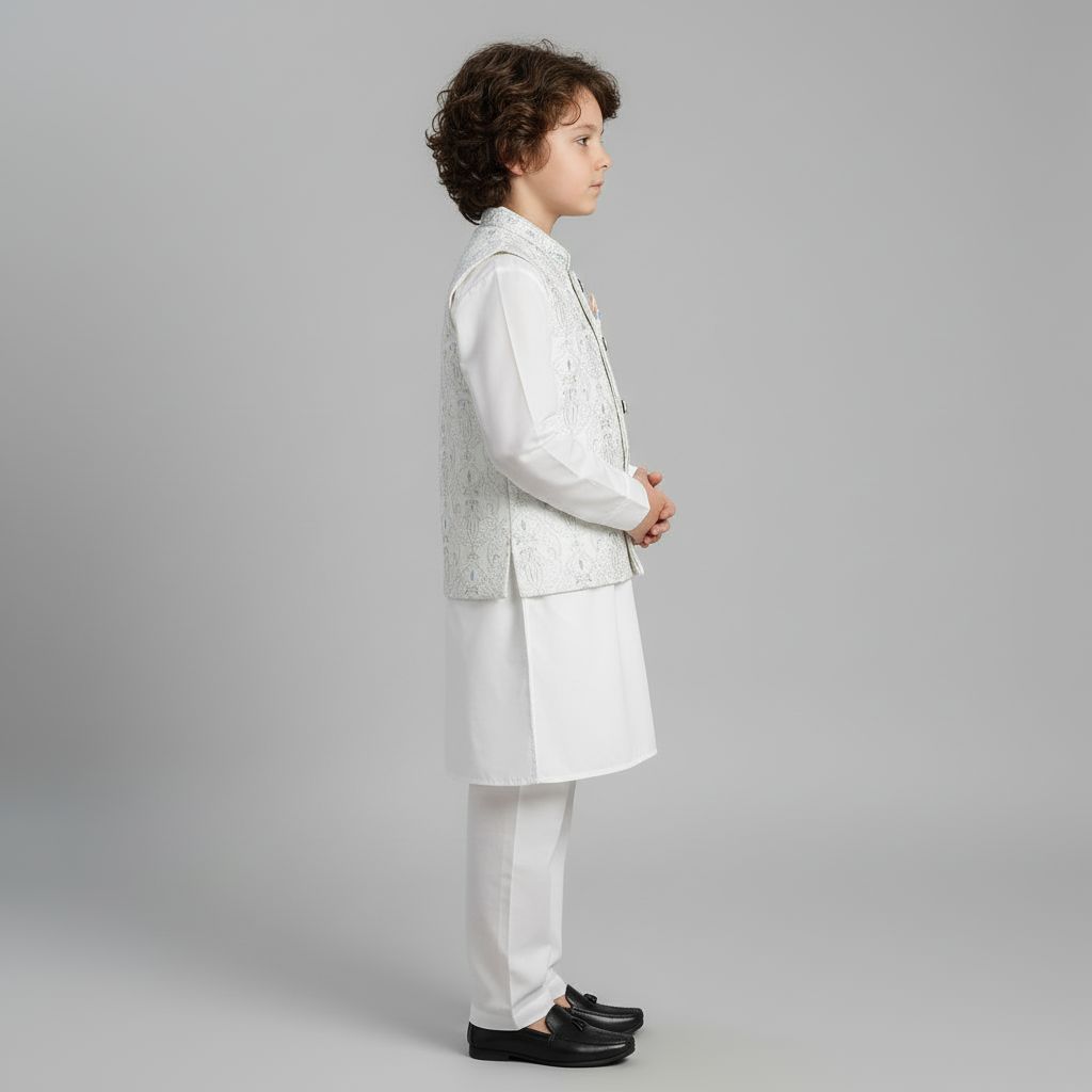 Boys White Kurta Shalwar with Fancy Waistcoat - Premium 3-Piece Set